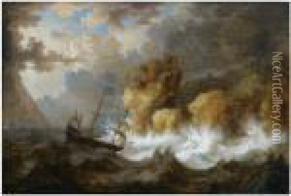A Dutch Ship In A Heavy Storm Near A Rocky Coast Oil Painting - Bonaventura, the Elder Peeters
