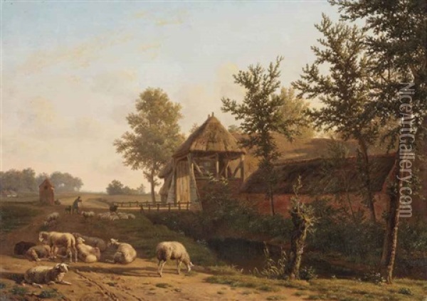 A Landscape With A Shepherd And His Flock On A Country-road Near A Farmhouse Oil Painting - Jean-Baptiste de Jonghe