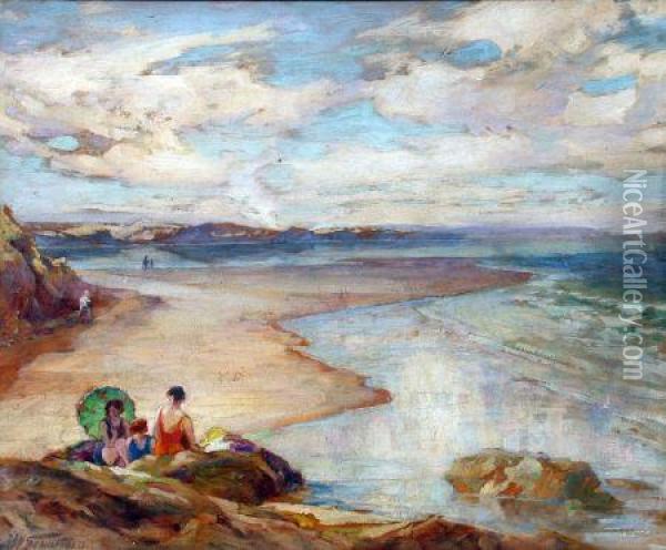 Figures On A Beach Oil Painting - John William Schofield