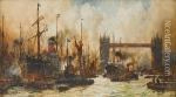 The Bustling River Below Tower Bridge Oil Painting - Charles Edward Dixon