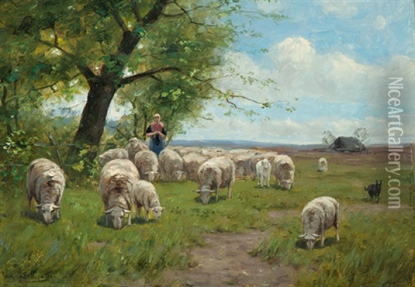 Shepherdess With Flock And Dog In A Wide Landscape Oil Painting - Cornelis van Leemputten