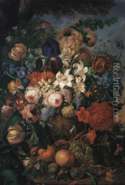 Blumen- Und Fruchtestilleben Auf Einer Balustrade Oil Painting - Caspar Arnold Greiner