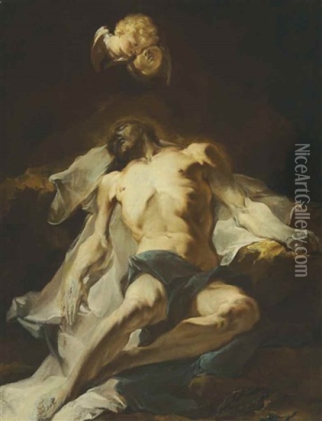 Christ Mourned By Seraphim Oil Painting - Giuseppe Bazzani