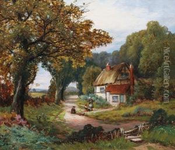 Children Outside A Rustic Cottage Oil Painting - Robert John Hammond