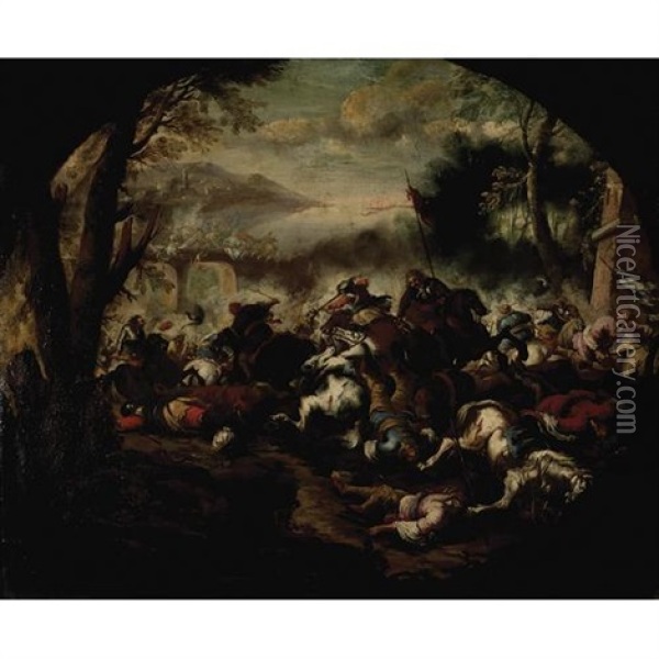 A Battle Scene With Numerous Figures Oil Painting - Jacques Courtois
