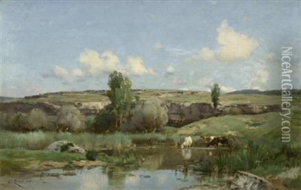 Kuhe Am Ufer, Wohl In Der Provence Oil Painting - Jean Henri Zuber