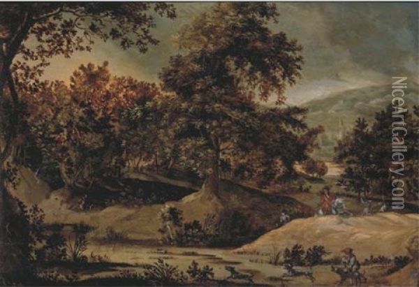 A Wooded Mountainous Landscape With Huntsmen Near A Pond Oil Painting - Gillis Van Coninxloo III