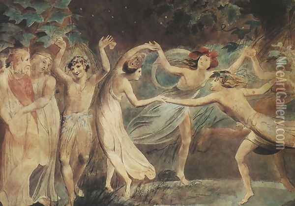 Oberon, Titania and Puck with Fairies Dancing Oil Painting - William Blake
