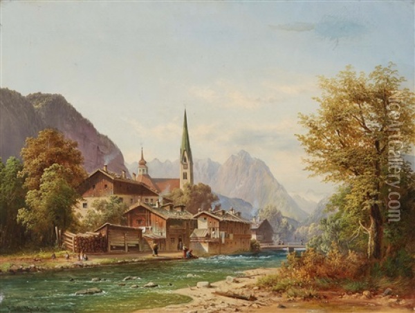 Mountain Village On The River Oil Painting - Anton Doll