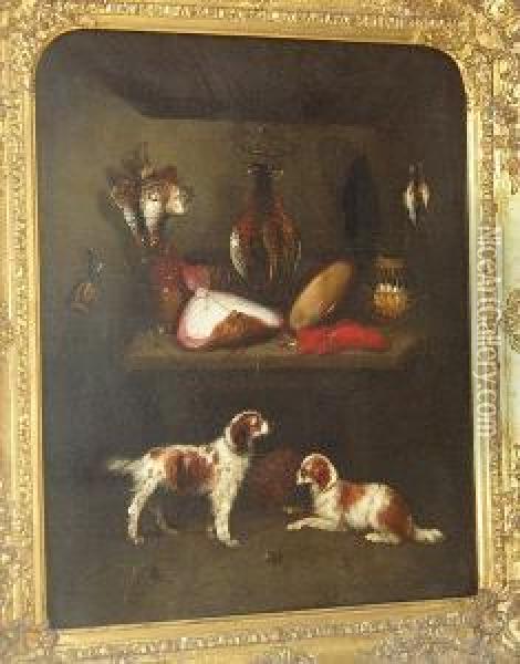 Game Dogs Guarding Fish And Game In A Larder Oil Painting - Benjamin Blake