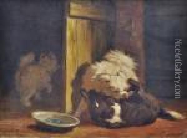Small Dogs Wrestling (while Another Steals The Bone) Oil Painting - Henriette Ronner-Knip