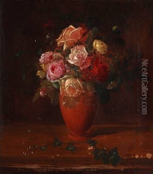 Still Life With Roses In A Vase Oil Painting - Sofus Petersen