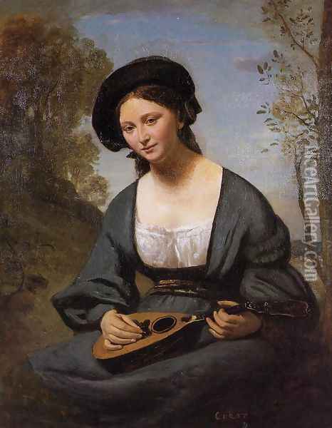 Woman in a Toque with a Mandolin Oil Painting - Jean-Baptiste-Camille Corot