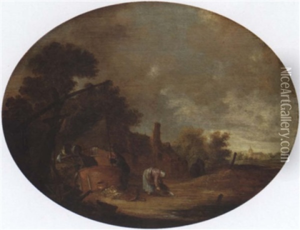 Peasants Drawing Water From A Well In A Village, A Church Beyond Oil Painting - Hendrick De Meijer