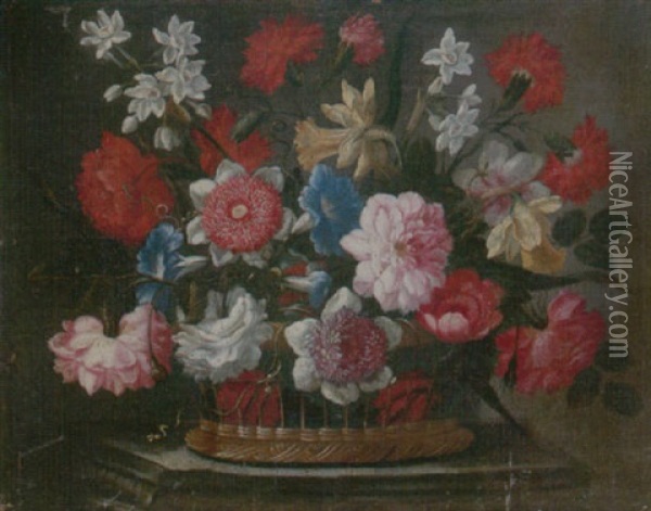 Still Life Of Various Flowers In A Wicker Basket, Upon A Stone Ledge Oil Painting - Bartolome Perez