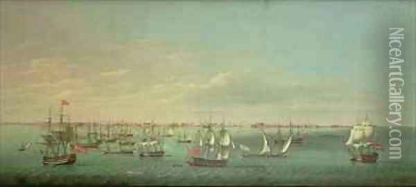 British French and Maltese merchantmen and men of war off Cadiz Oil Painting - Arthur A. Dixon