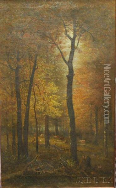 Autumn Woods Withcows Oil Painting - George W. King