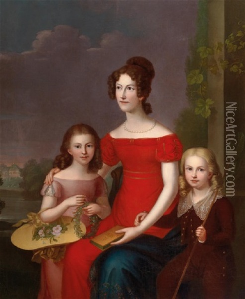 Portrait Of Caroline Friederike Mathilde Von Waldeck-pyrmont With Her Two Children Marie And Eugen Wilhelm Oil Painting - Carl Rothe