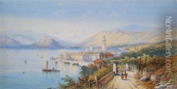 An Italian Mountainous Coastal Town With Figures On A Track Oil Painting - Sydney Lawrence