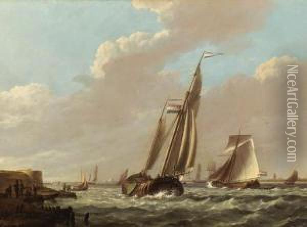 Shipping In A Choppy Estuary Oil Painting - Johannes Hermanus Koekkoek
