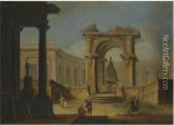 An Architectural Capriccio With Figures Amongst Classical Ruins Oil Painting - Marco Ricci