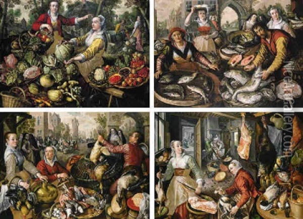 The Four Elements: A Greengrocer's Stall With The Flight In Egypt Beyond Oil Painting - Joachim Beuckelaer