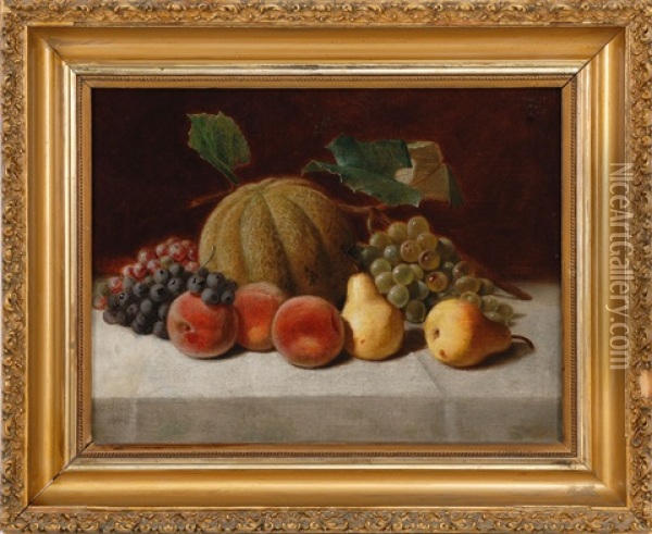 Still Life Of Melon, Apples And Grapes Oil Painting - George Harvey