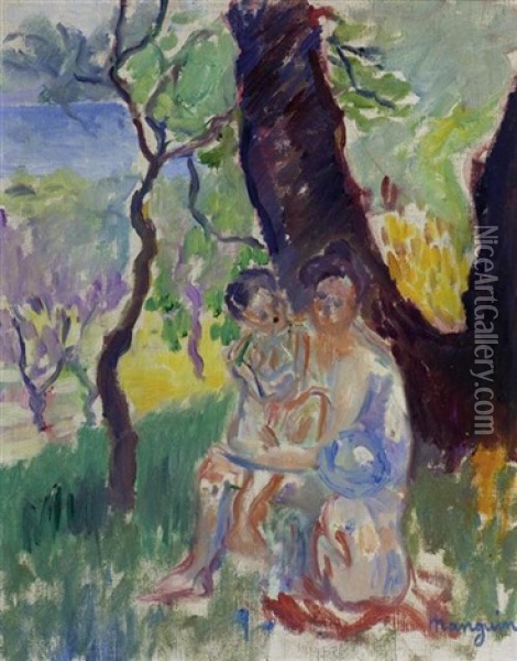 Jeanne Et Ses Fils, Villa Demiere Oil Painting - Henri Charles Manguin