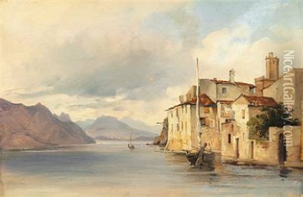 From Malcesine At Lake Garda With Houses And A Sailing Boat At Anchor Oil Painting - Vilhelm Peter Carl Petersen