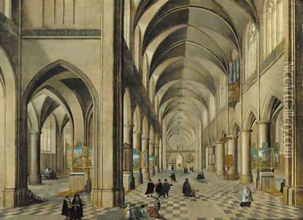 The interior of a Gothic Cathedral with elegant company and other figures Oil Painting - Pieter the Younger Neefs