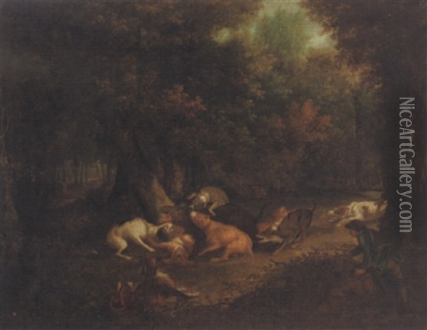 A Wooded Landscape With Dogs Attacking A Boar Oil Painting - Carl Borromaus Andreas Ruthart