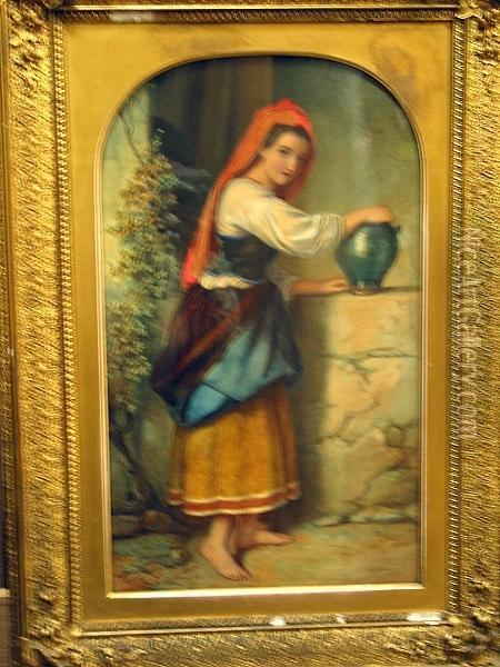 A Basque Girl By A Fountain Oil Painting - Auguste Jules Bouvier, N.W.S.