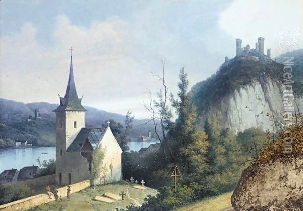 A Rhine View With A Church And A Ruined Castle On A Hill (Possibly Oberwesel) Oil Painting - Henri Knip