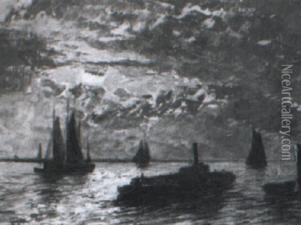 Marine Med Motor- Og Sejlskibe Pa Themsen, M+neskin Oil Painting - Edward Henry Eugene Fletcher