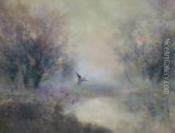Mallard In Flight Over A Tranquil River With Woodland Oil Painting - Lazlo Kezdy Kovacs