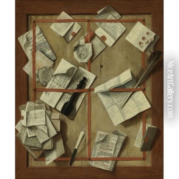 Trompe L'oeil Still Life Of Letters, A Newspaper, A Quill, A Letter Opener And Other Objects Tacked To A Wood Board Oil Painting - Cornelis Norbertus Gysbrechts