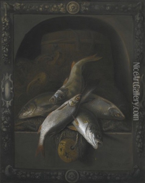 Still Life Of Freshwater Fish Piled High In A Carved Stone Niche Oil Painting - Jakob Gillig