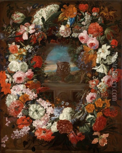 Ein Blumenkranz Um Eine Kartusche Mit Landschaftsausblick Und Einer Vase Auf Einer Balustrade Oil Painting - Jan-Baptiste Bosschaert