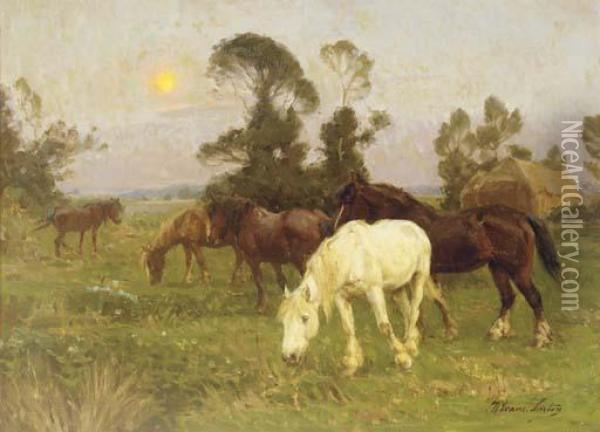 Horses In A Pasture At Dawn Oil Painting - William Evans Linton