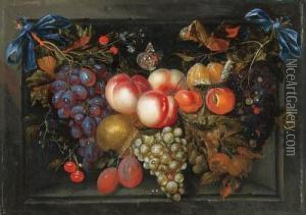 A Swag Of Grapes, Peaches, 
Plums, Blackberries, Cherries, Figs,apricots, A Pear And A Poplar 
Admiral Oil Painting - Jacob Rootius