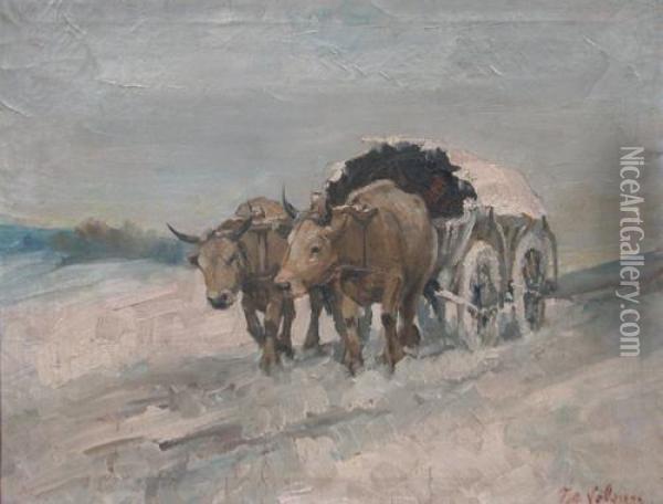 Oxen Cart Oil Painting - Ion Marinescu Valsan