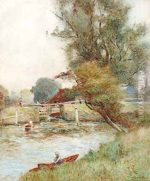 Figures in punts before a loch with a view of Windsor in the distance Oil Painting - Joshua Anderson Hague