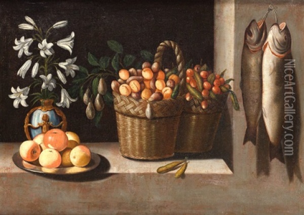 Bodegon: Jarron De Flores, Plato De Manzanas Y Cesta De Frutas En Una Ventana Oil Painting - Juan Van Der Hamen Y Leon