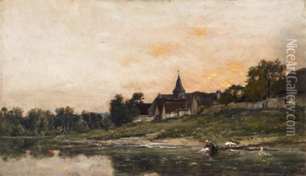 Wascherin Am Fluss Oil Painting - Karl Pierre Daubigny