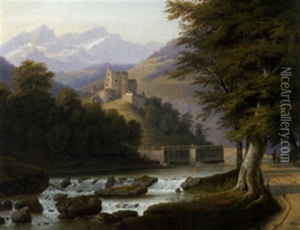 Gebirgslandschaft Mit Schlossruine Uber Flusslauf Oil Painting - Johann Heinrich Jacob Christian Rosenkranz