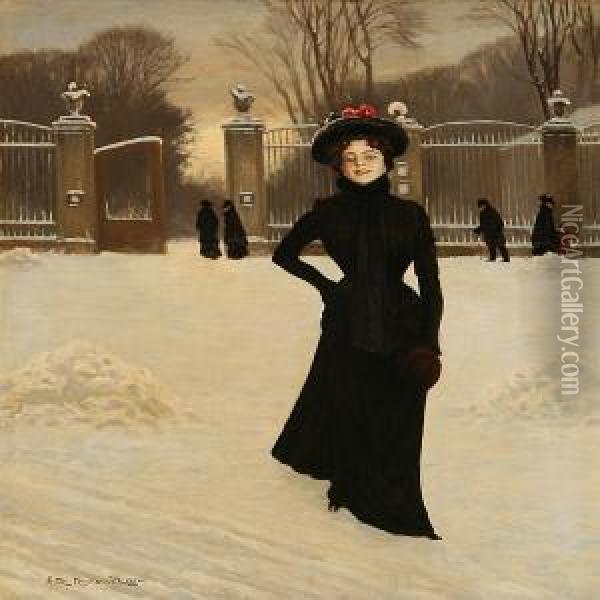 Winter Street Scene Wtih A Classy Lady In Front Of Frederiksberg Garden, Denmark Oil Painting - Ludvig Mogelgaard