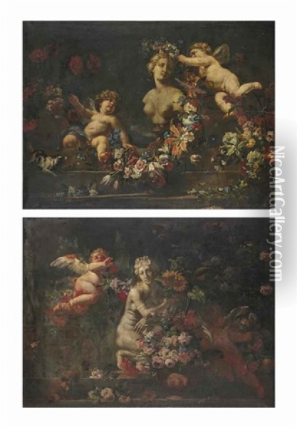 Nature Morte A La Venus Accroupie; Et Nature Morte Au Buste De Venus Oil Painting - Abraham Brueghel