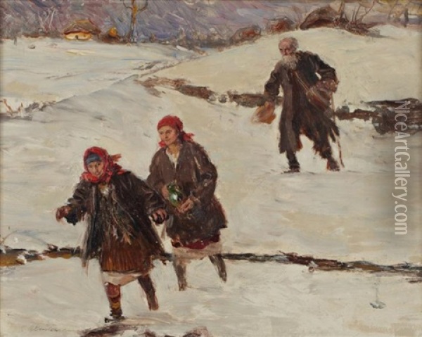 Jeunes Filles Dans Un Paysage Enneige Oil Painting - Teodor Axentowicz