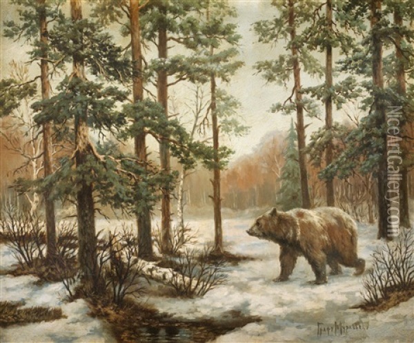 Bjorn I Vinterlandskap Oil Painting - Vladimir Leodinovitch (Comte de) Muravioff
