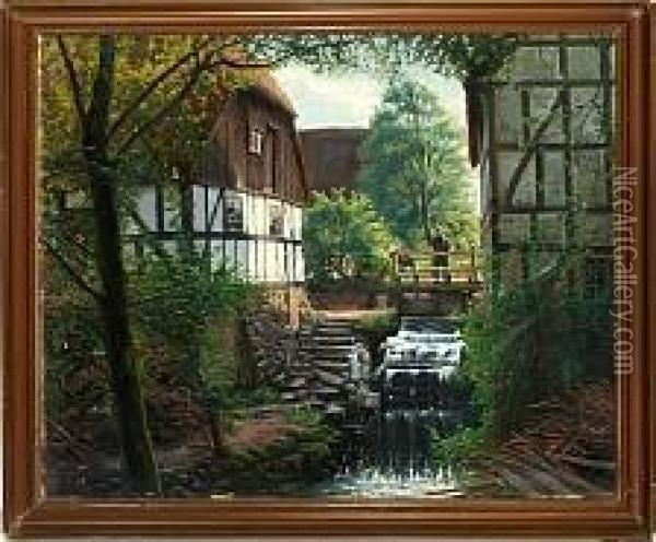 A Scenery With A Man On A Bridge By A Water Mill Oil Painting - Sigvard Hansen